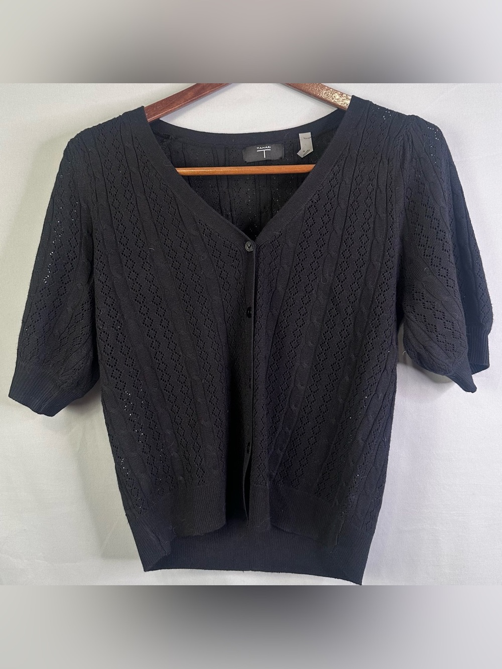 Tahari Black Short-Sleeve Openwork Knit Cardigan
